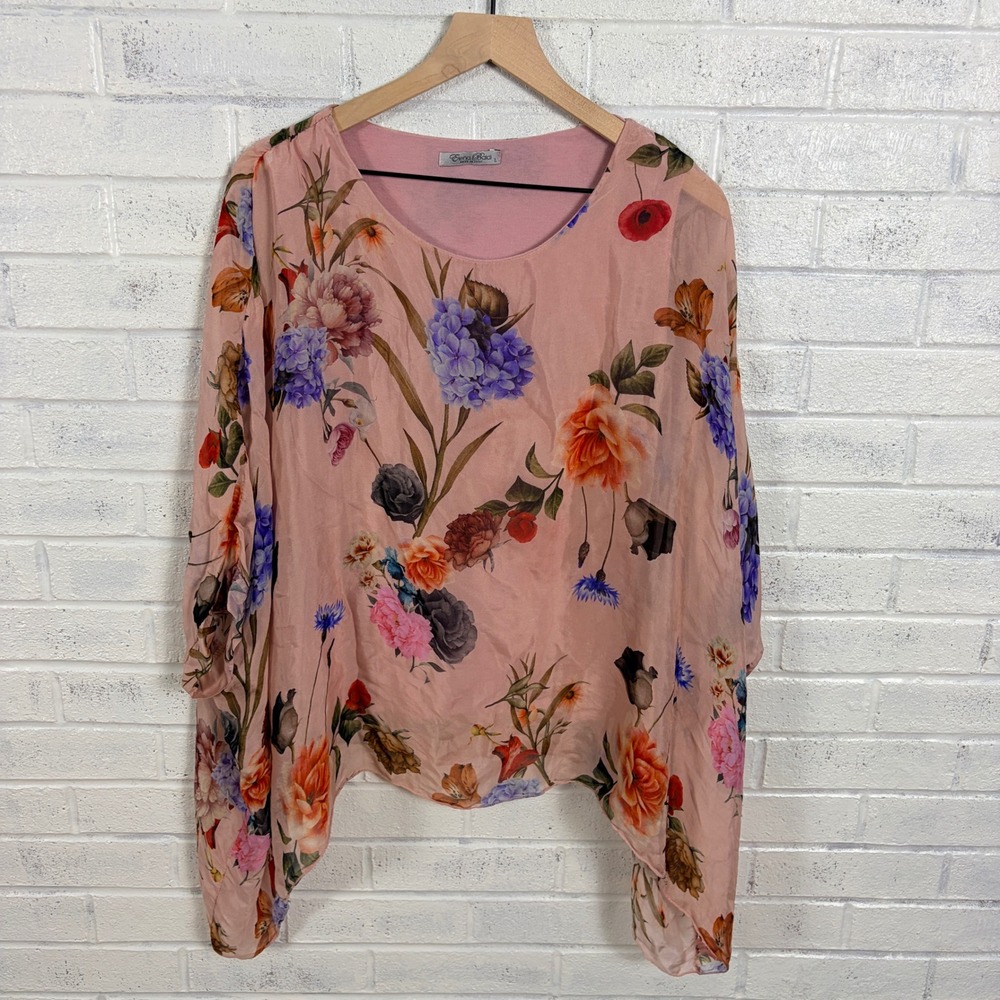 Elena Baldi Floral Silk Blend Blouse Womens L Pink Made in Italy Layered Top